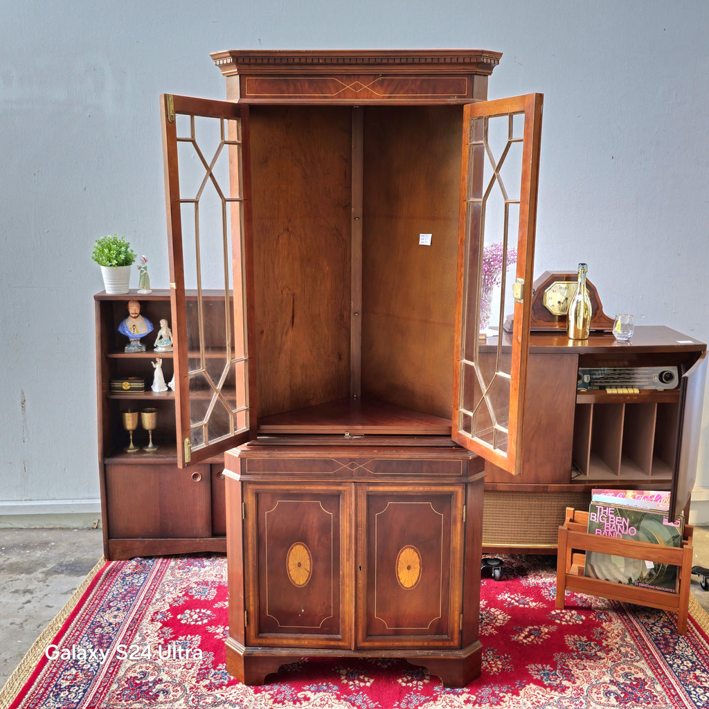 Antique Edwardian Mahogany Corner Display Cabinet, Glazed Doors & Inlay, c. 1900s
