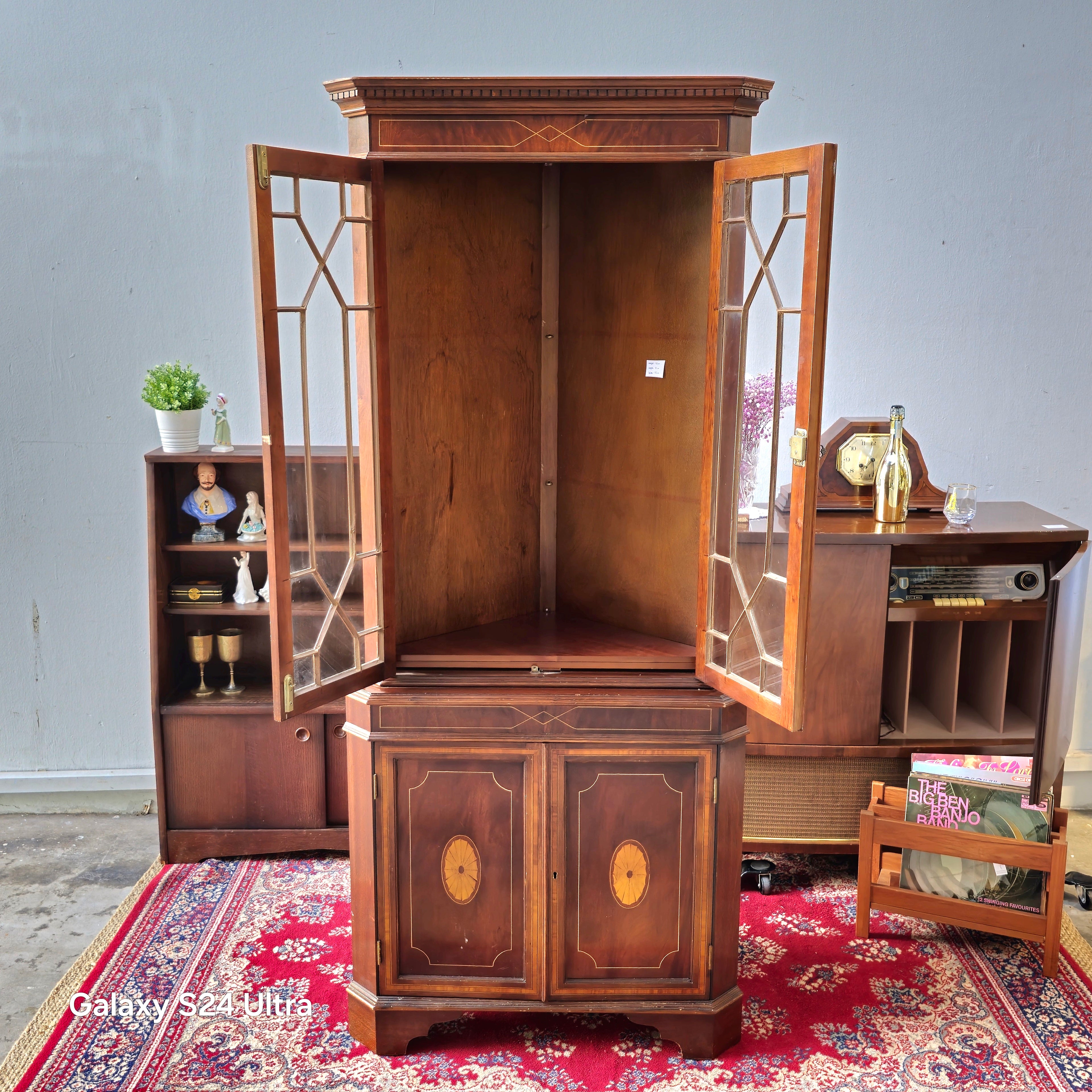 Antique Edwardian Mahogany Corner Display Cabinet, Glazed Doors & Inlay, c. 1900s