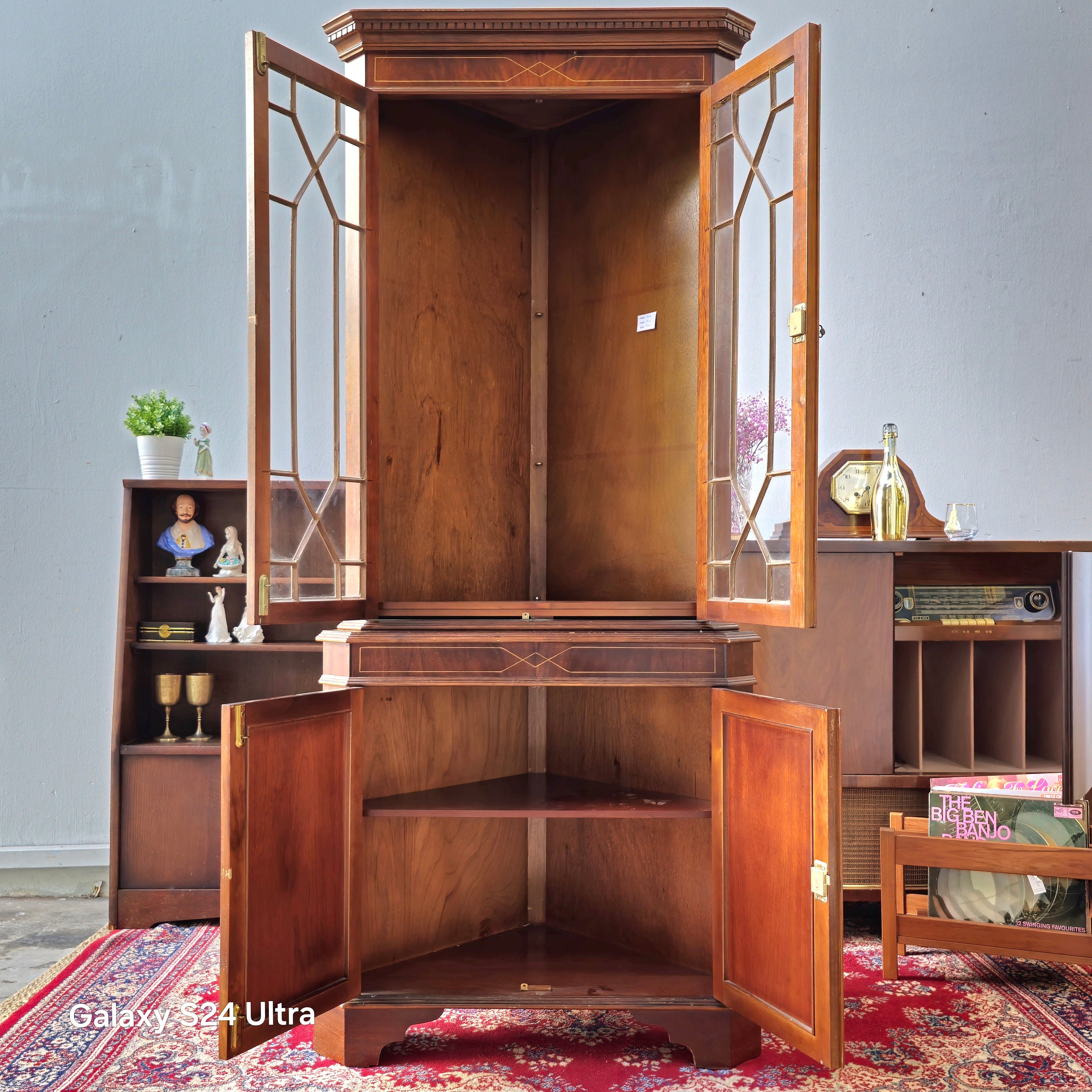 Antique Edwardian Mahogany Corner Display Cabinet, Glazed Doors & Inlay, c. 1900s