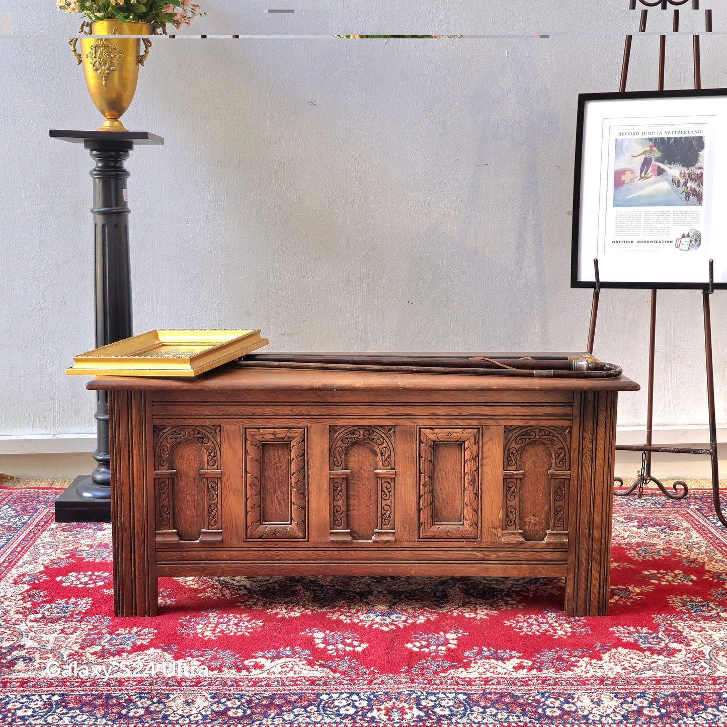 Old Charm Carved Oak Coffer / Blanket Chest by Wood Bros (England, c.1960s–70s)