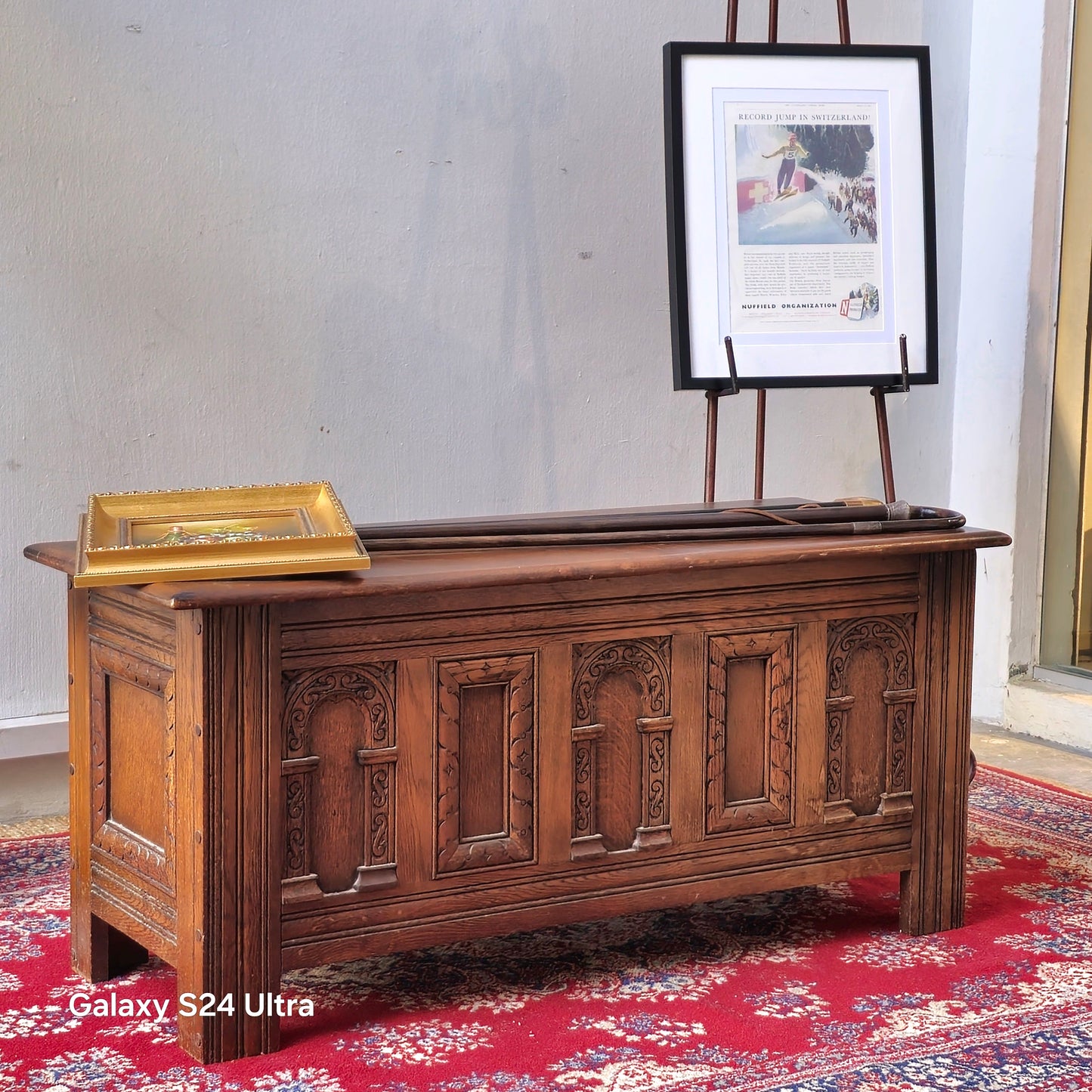 Old Charm Carved Oak Coffer / Blanket Chest by Wood Bros (England, c.1960s–70s)
