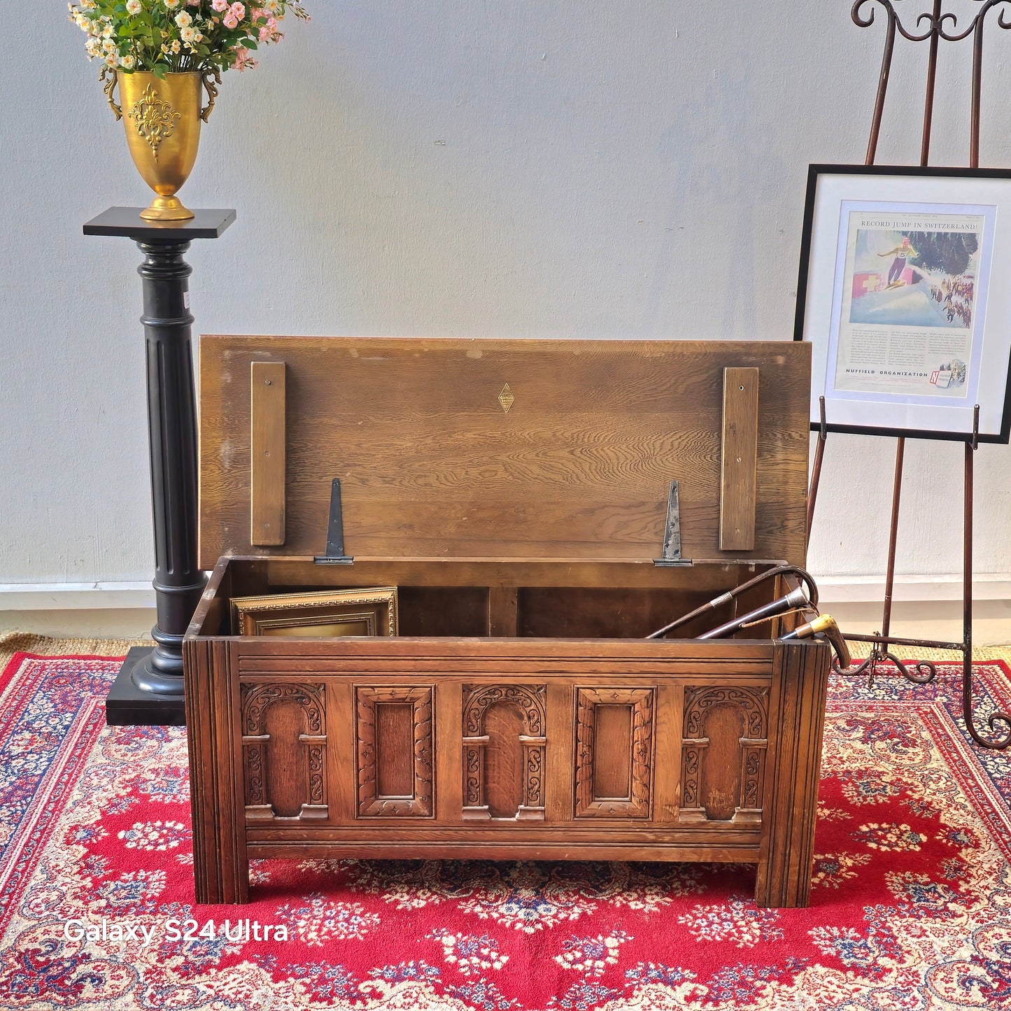 Old Charm Carved Oak Coffer / Blanket Chest by Wood Bros (England, c.1960s–70s)
