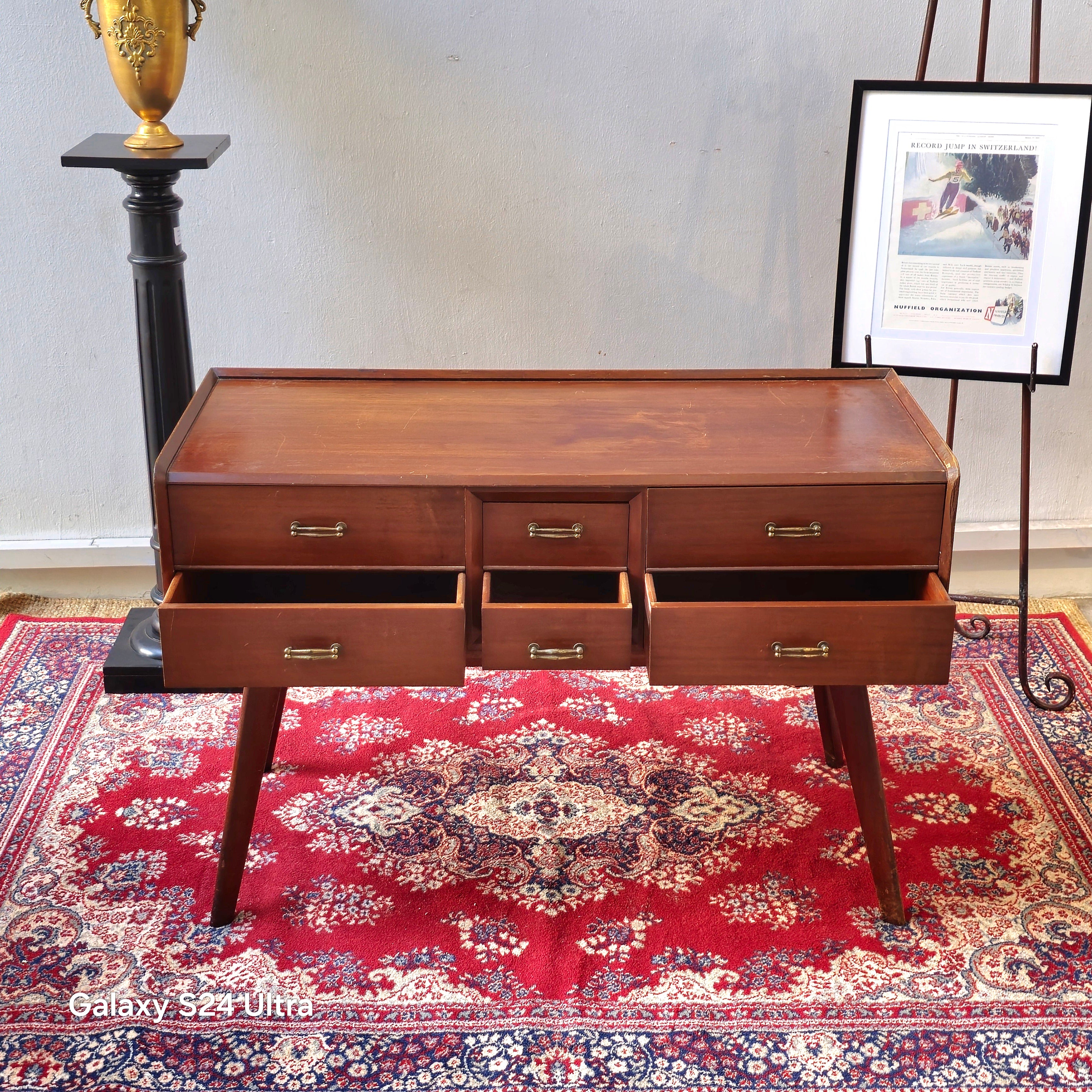 Vintage Mid-Century Modern Teak Console Desk with 6 Drawers