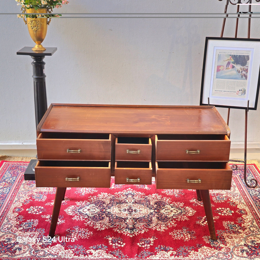 Vintage Mid-Century Modern Teak Console Desk with 6 Drawers