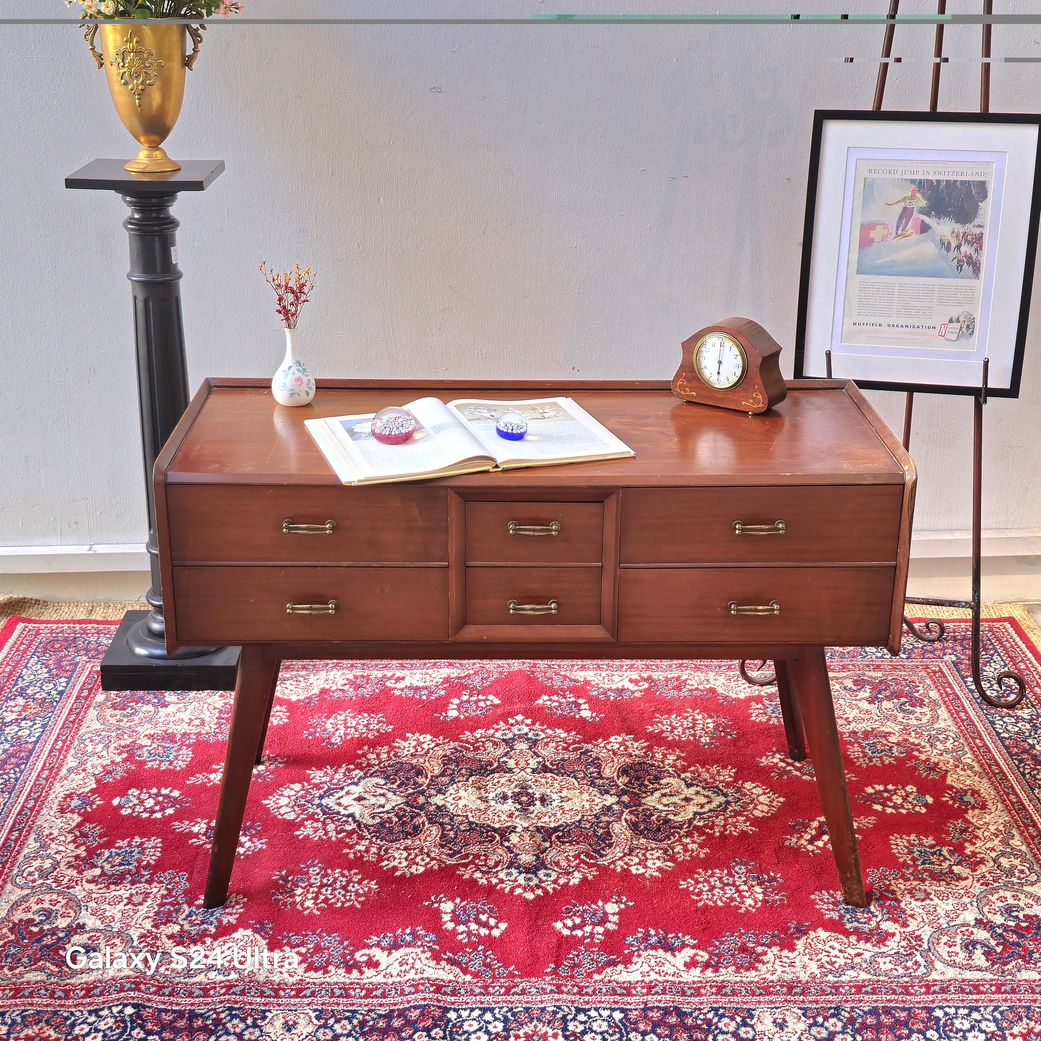 Vintage Mid-Century Modern Teak Console Desk with 6 Drawers
