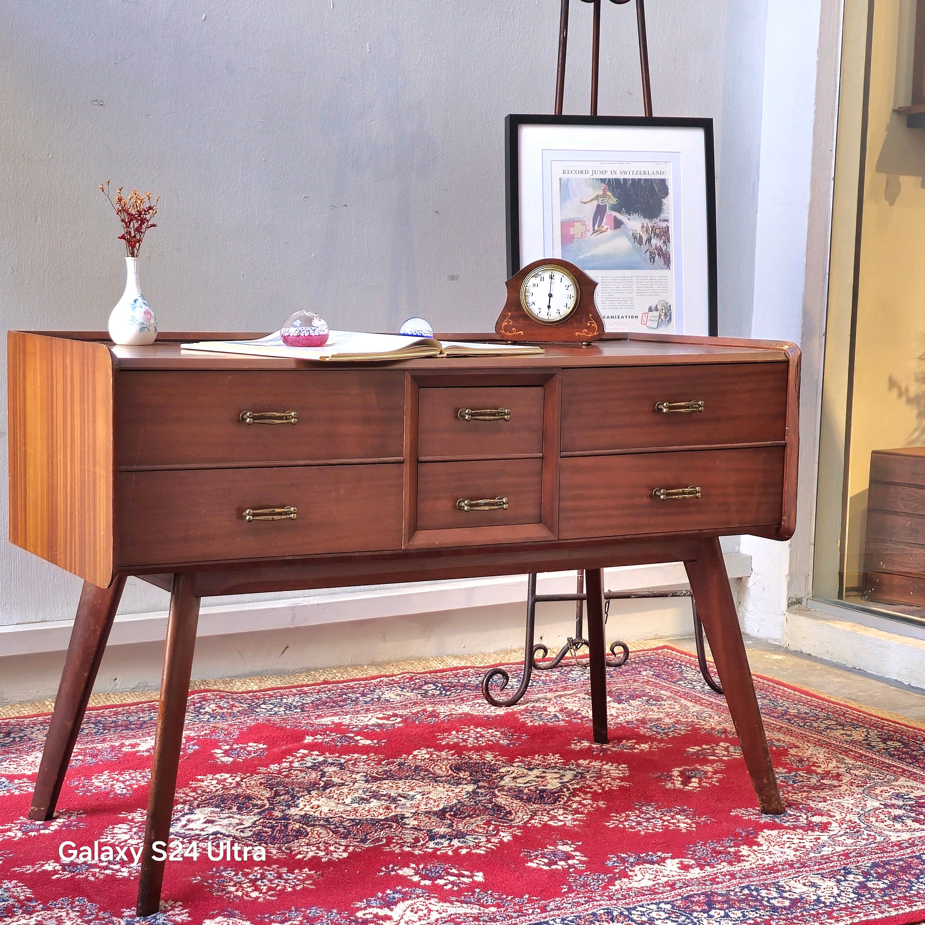 Vintage Mid-Century Modern Teak Console Desk with 6 Drawers