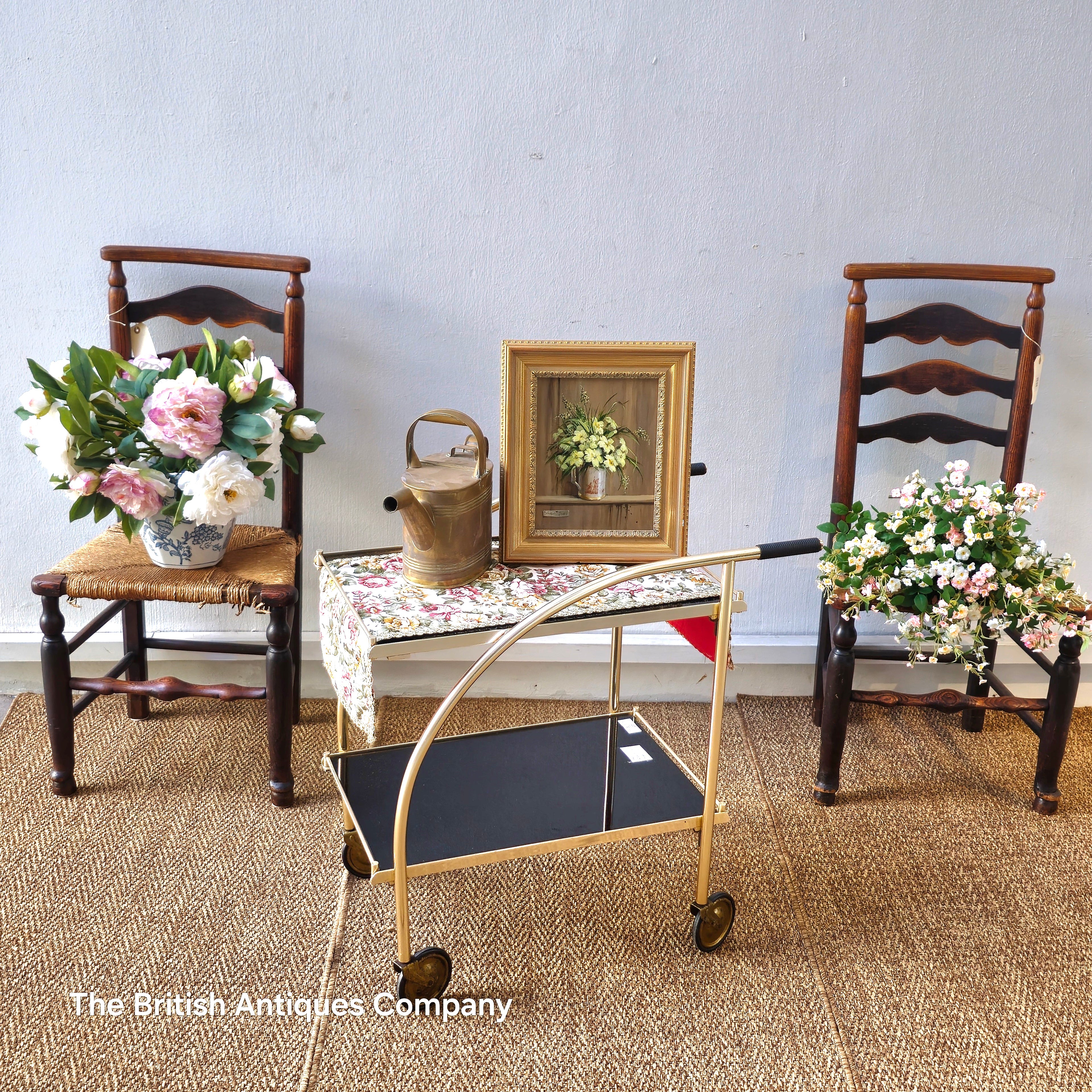Vintage 1970s German Trolley in Brass with Black Glass