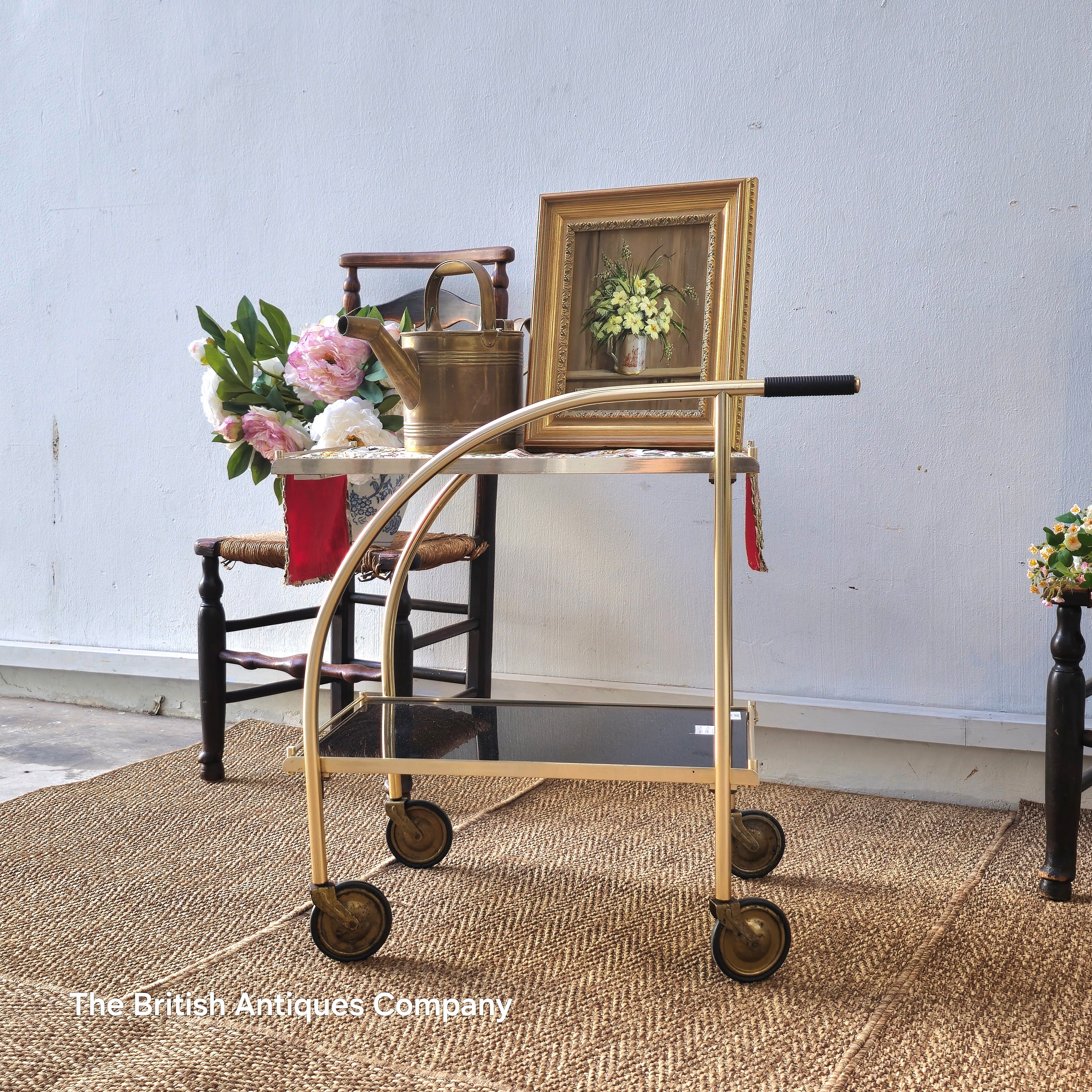 Vintage 1970s German Trolley in Brass with Black Glass
