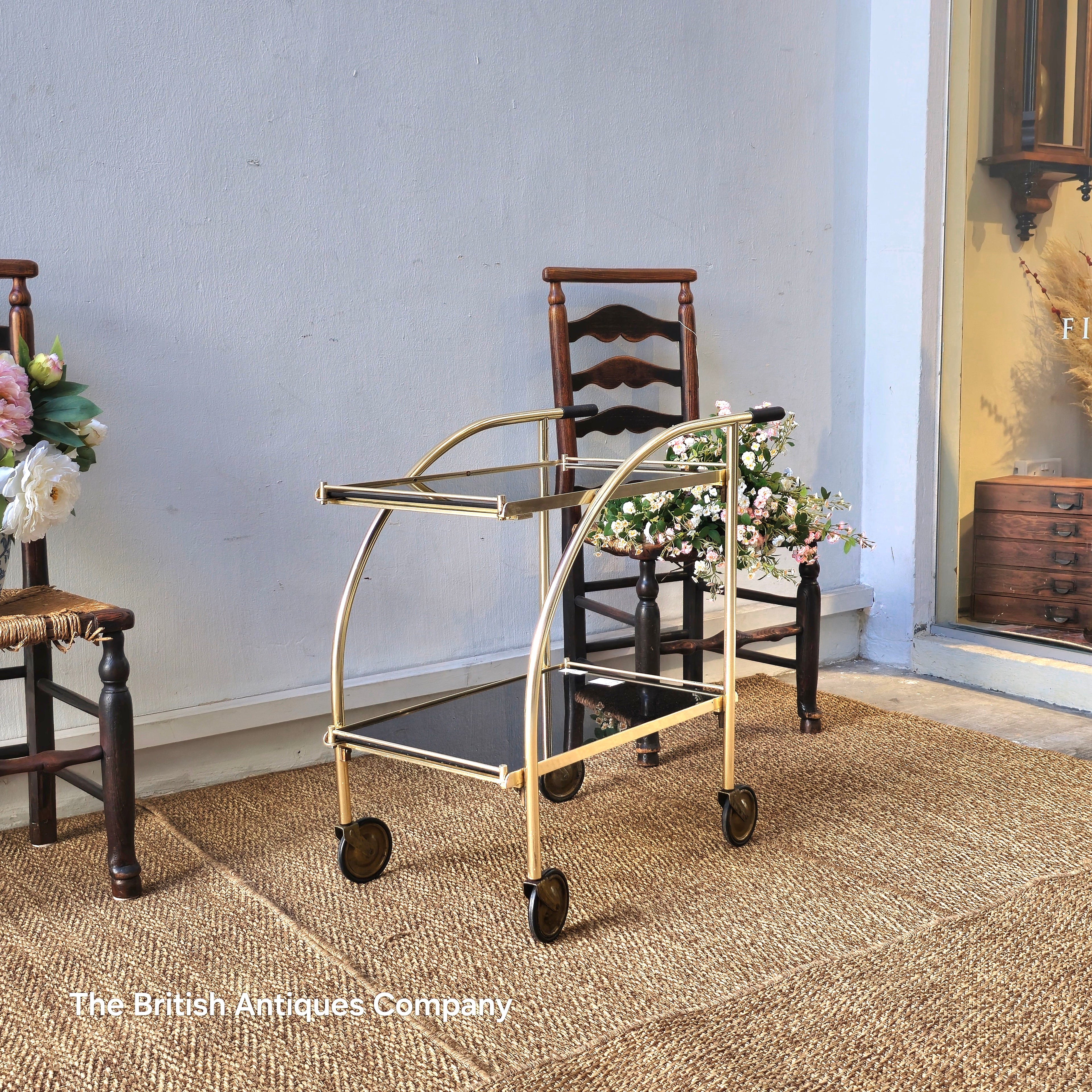Vintage 1970s German Trolley in Brass with Black Glass
