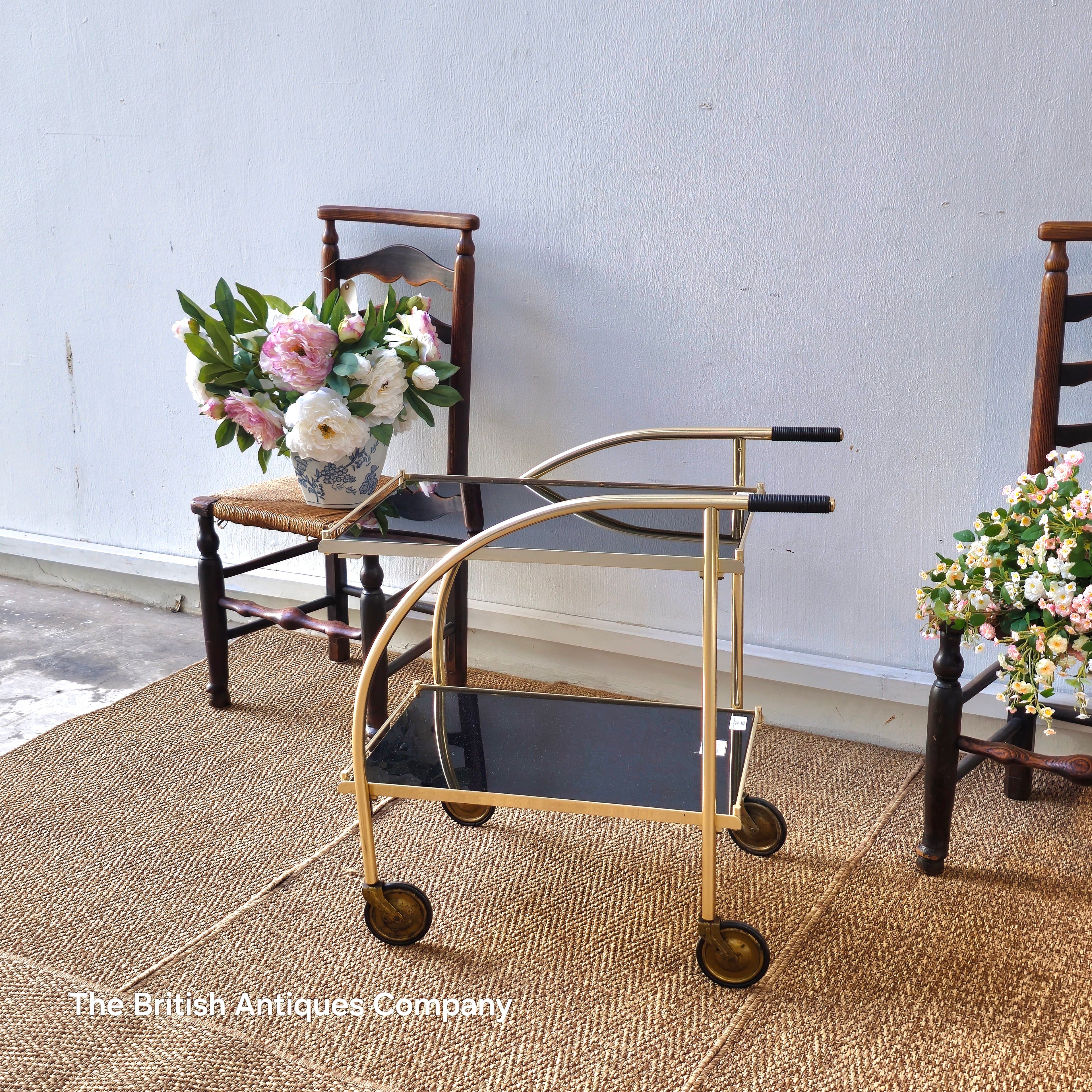 Vintage 1970s German Trolley in Brass with Black Glass