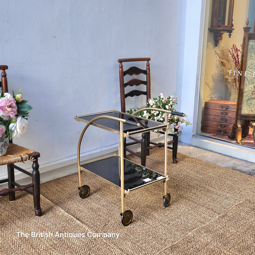 Vintage 1970s German Trolley in Brass with Black Glass