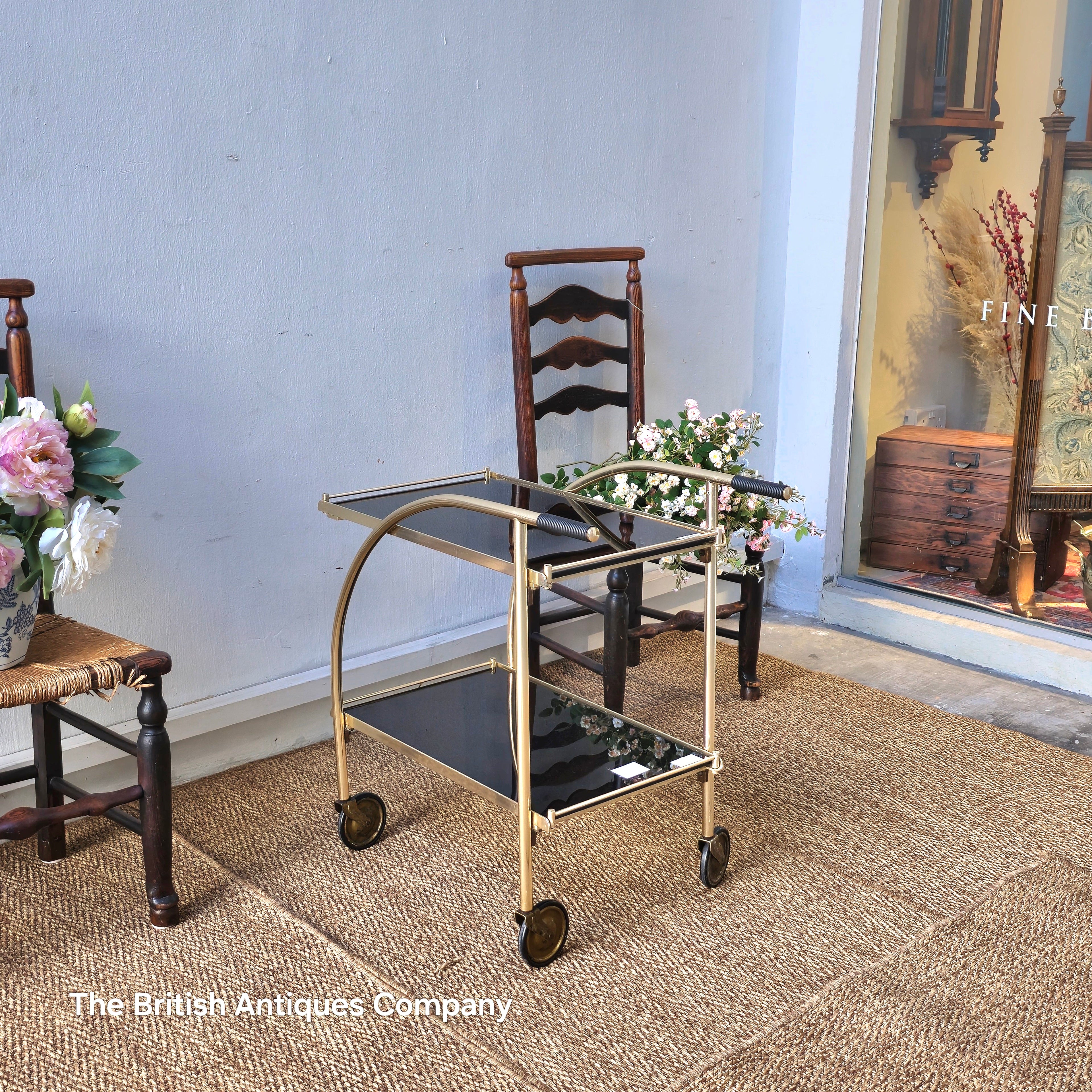 Vintage 1970s German Trolley in Brass with Black Glass