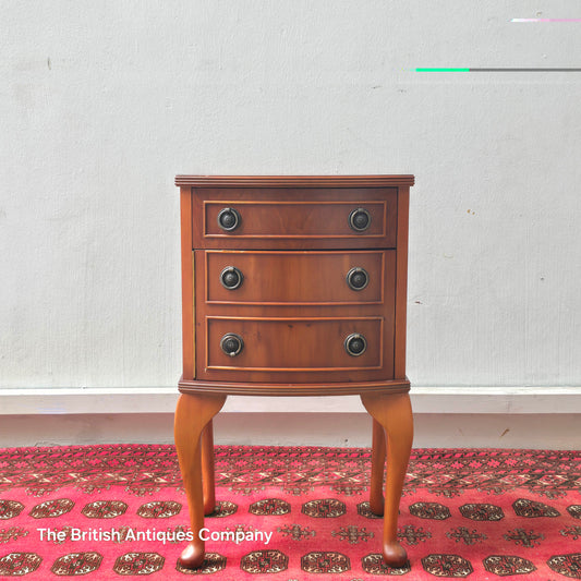 YEW WOOD CHEST OF THREE DRAWER ON CABRIOLE LEGS. 15" WIDE.