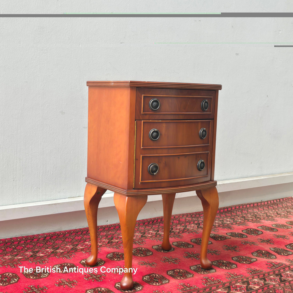YEW WOOD CHEST OF THREE DRAWER ON CABRIOLE LEGS. 15" WIDE.