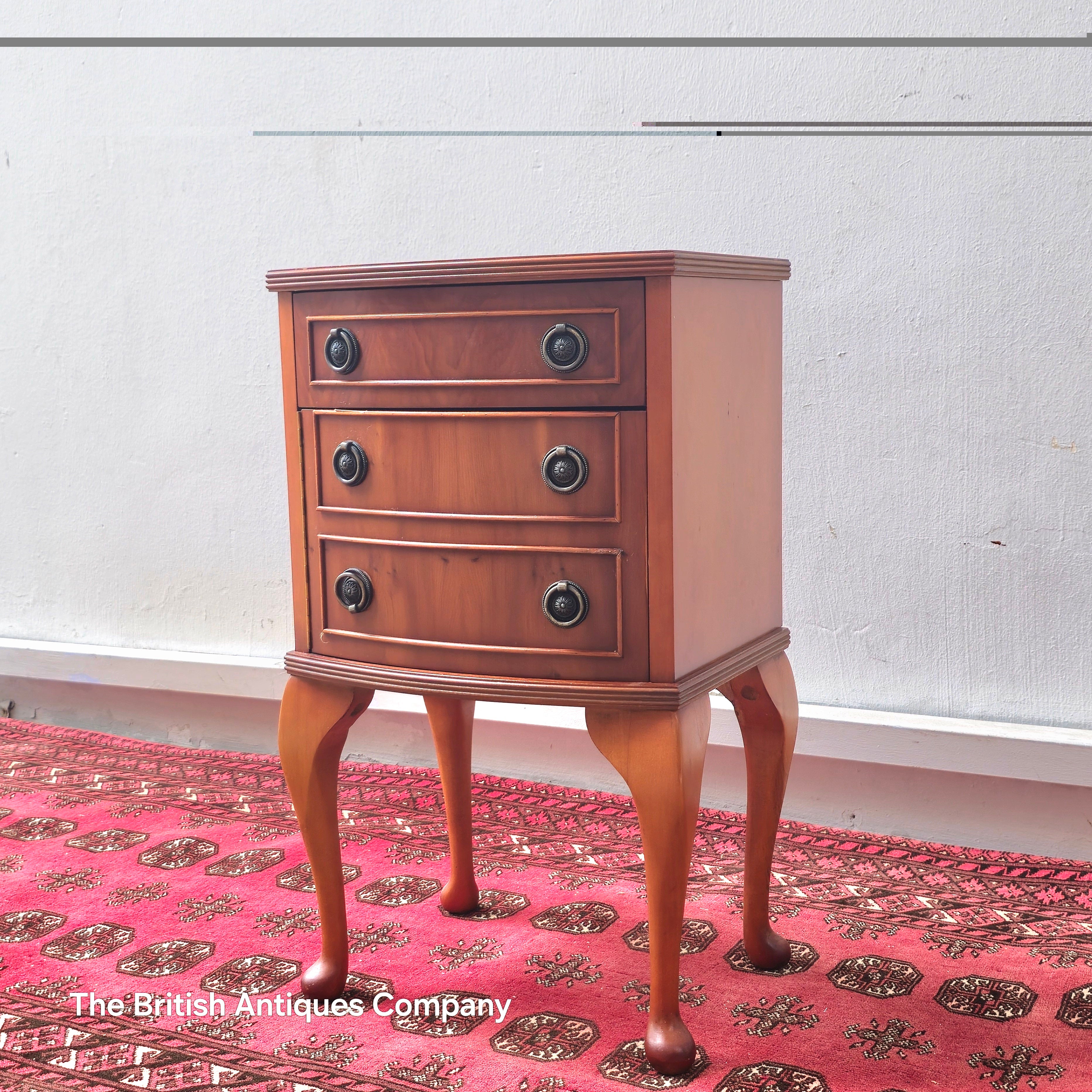 YEW WOOD CHEST OF THREE DRAWER ON CABRIOLE LEGS. 15" WIDE.