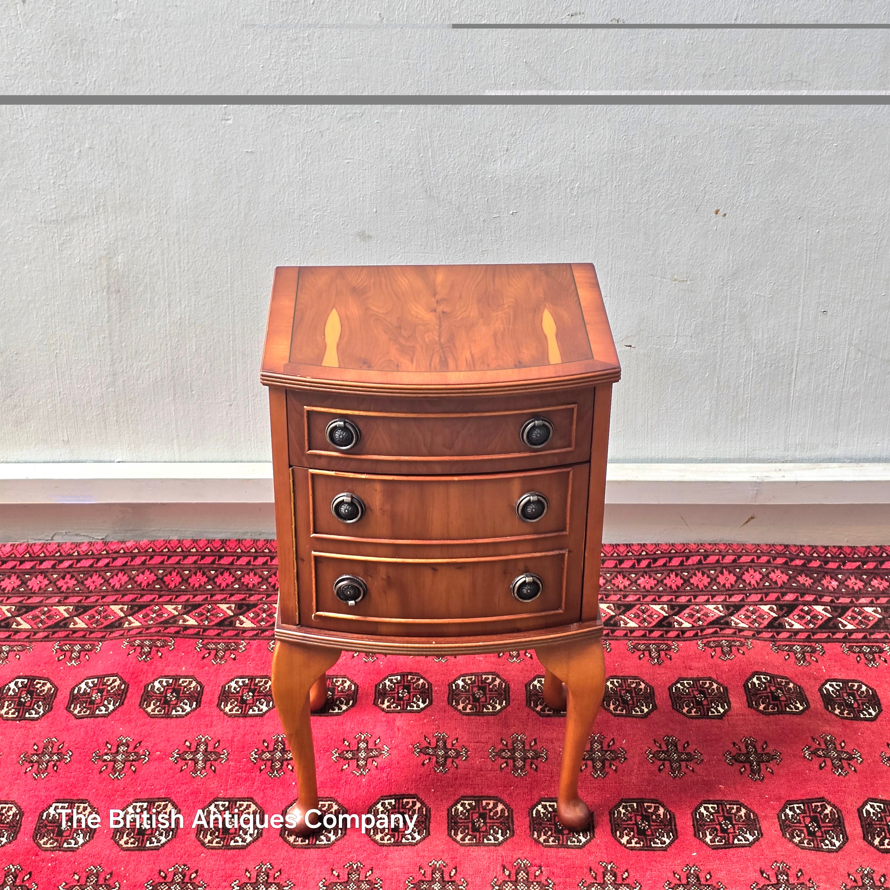 YEW WOOD CHEST OF THREE DRAWER ON CABRIOLE LEGS. 15" WIDE.