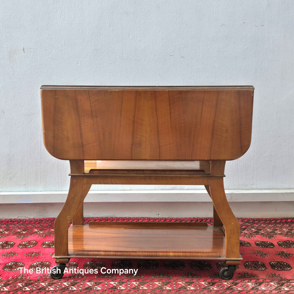 MID 20TH CENTURY WALNUT THREE TIER DROP LEAF TROLLEY BEARING TENAX FREELAND (MANCHESTER) LABEL