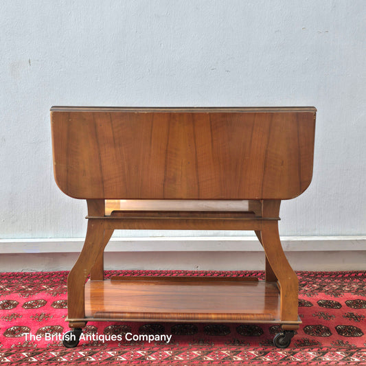 MID 20TH CENTURY WALNUT THREE TIER DROP LEAF TROLLEY BEARING TENAX FREELAND (MANCHESTER) LABEL