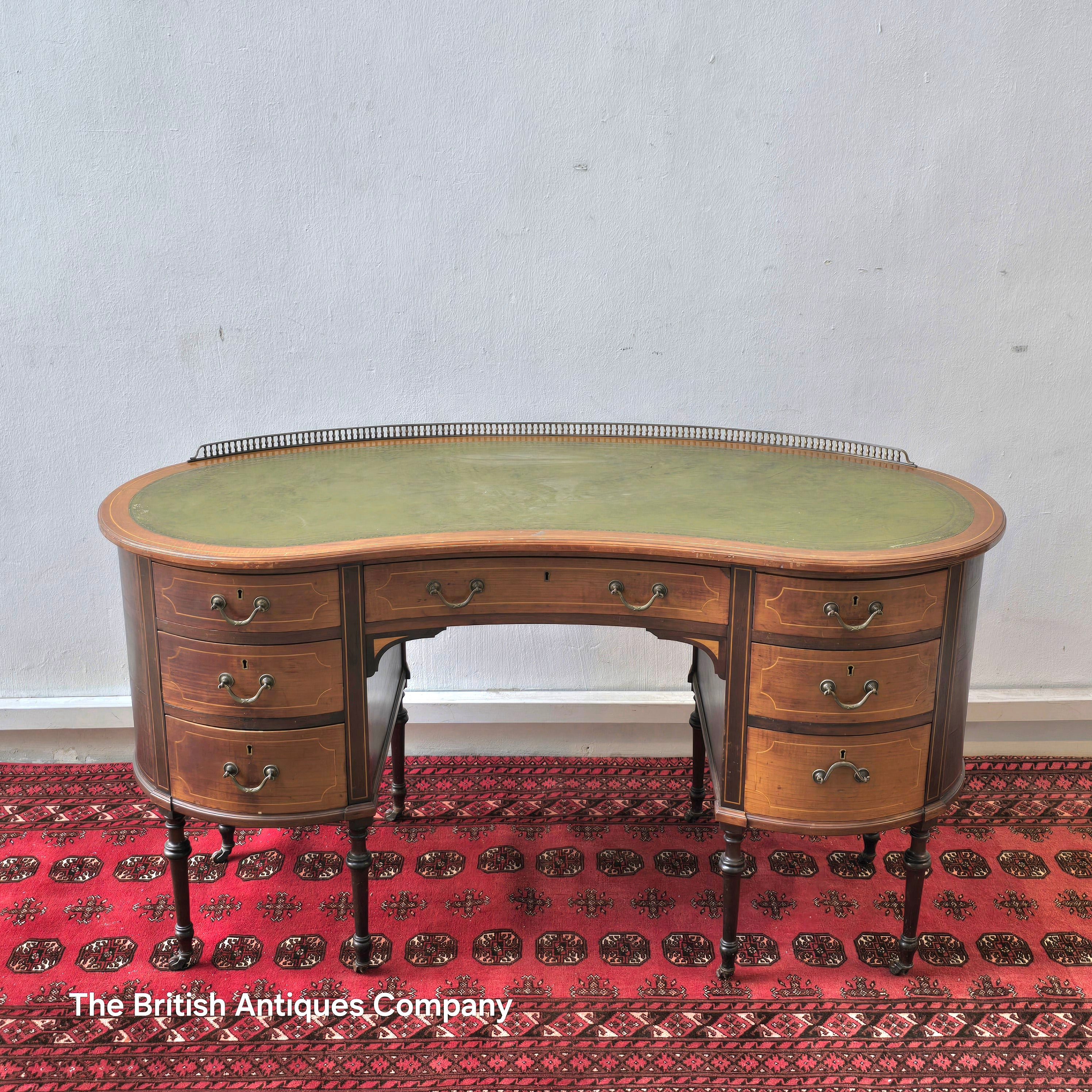 Antique Edwardian Kidney-Shaped Inlaid Desk with Green Leather Top