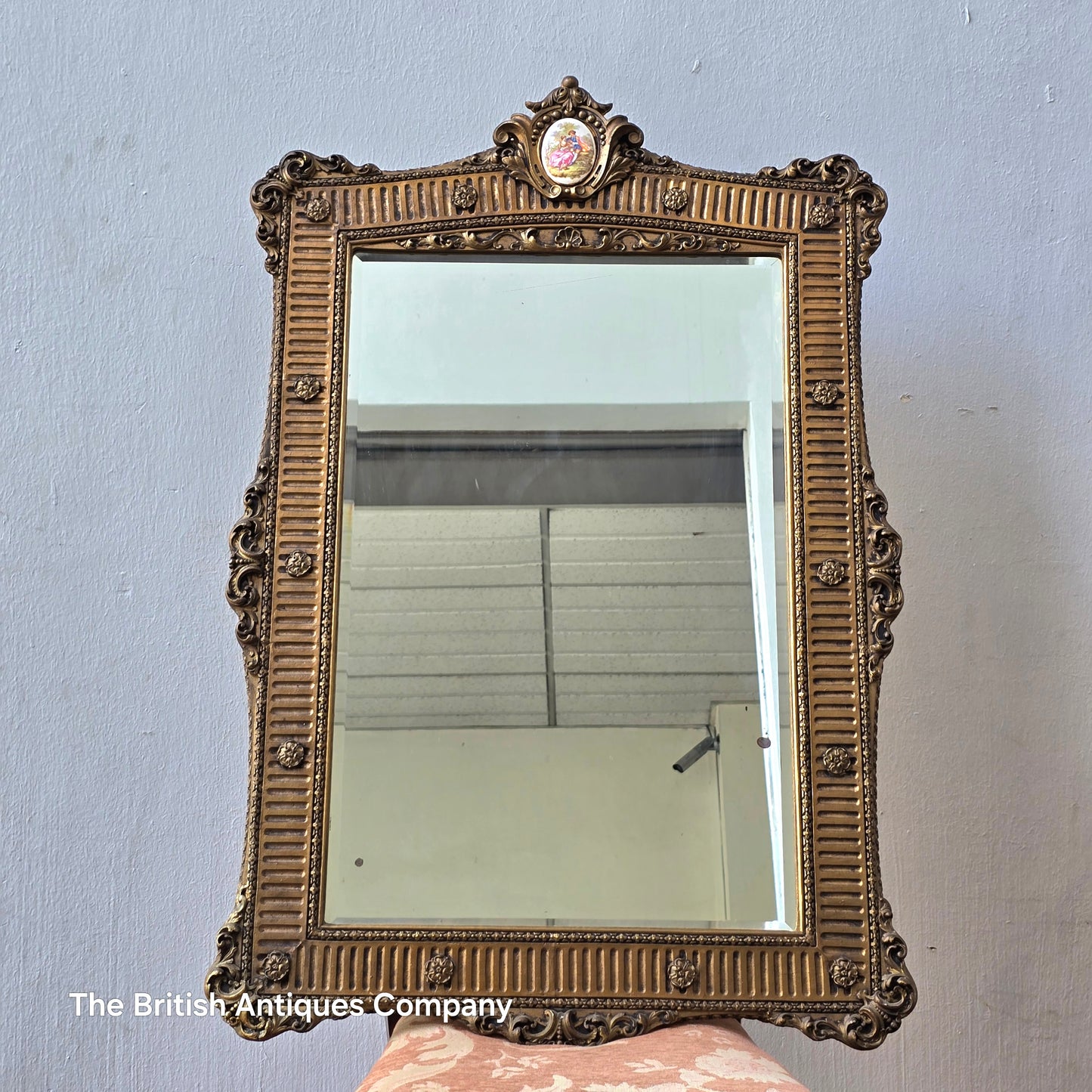 Vintage Ornate Gilt Mirror with Porcelain Medallion – Rectangular Wall Mirror