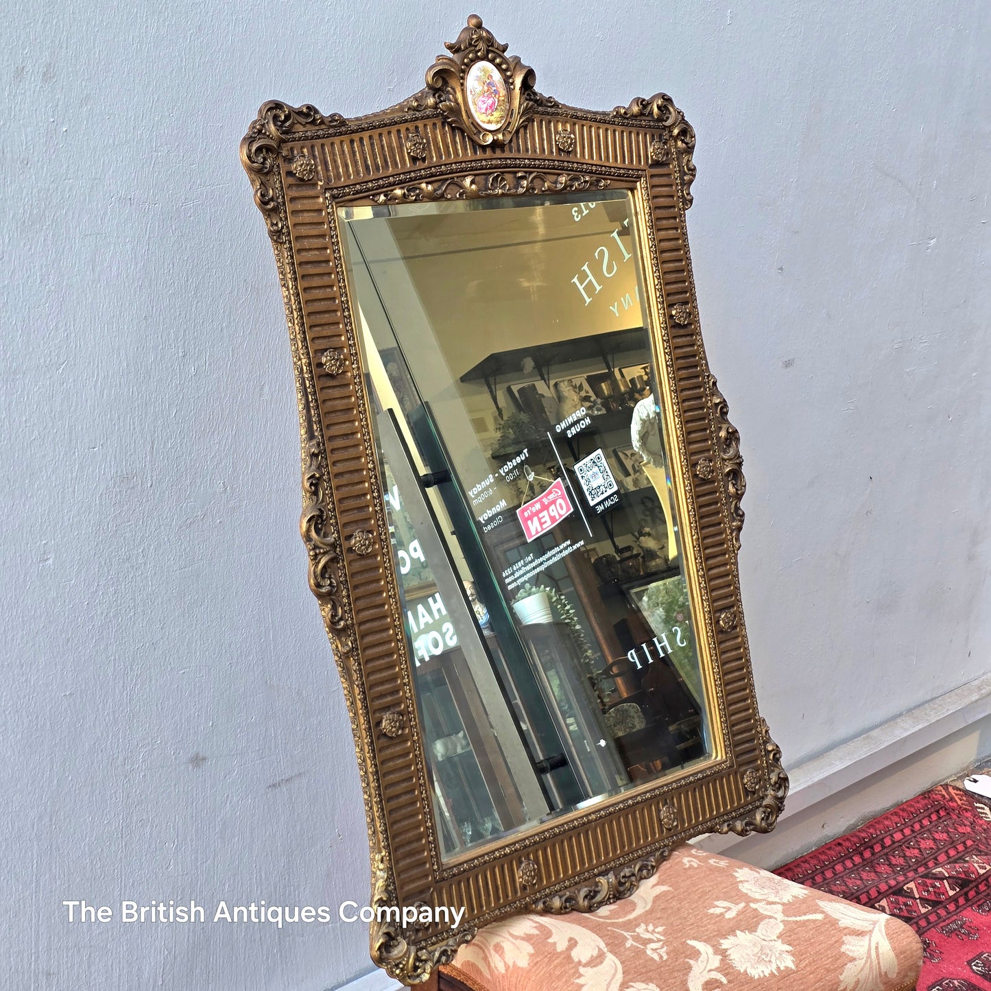 Vintage Ornate Gilt Mirror with Porcelain Medallion – Rectangular Wall Mirror