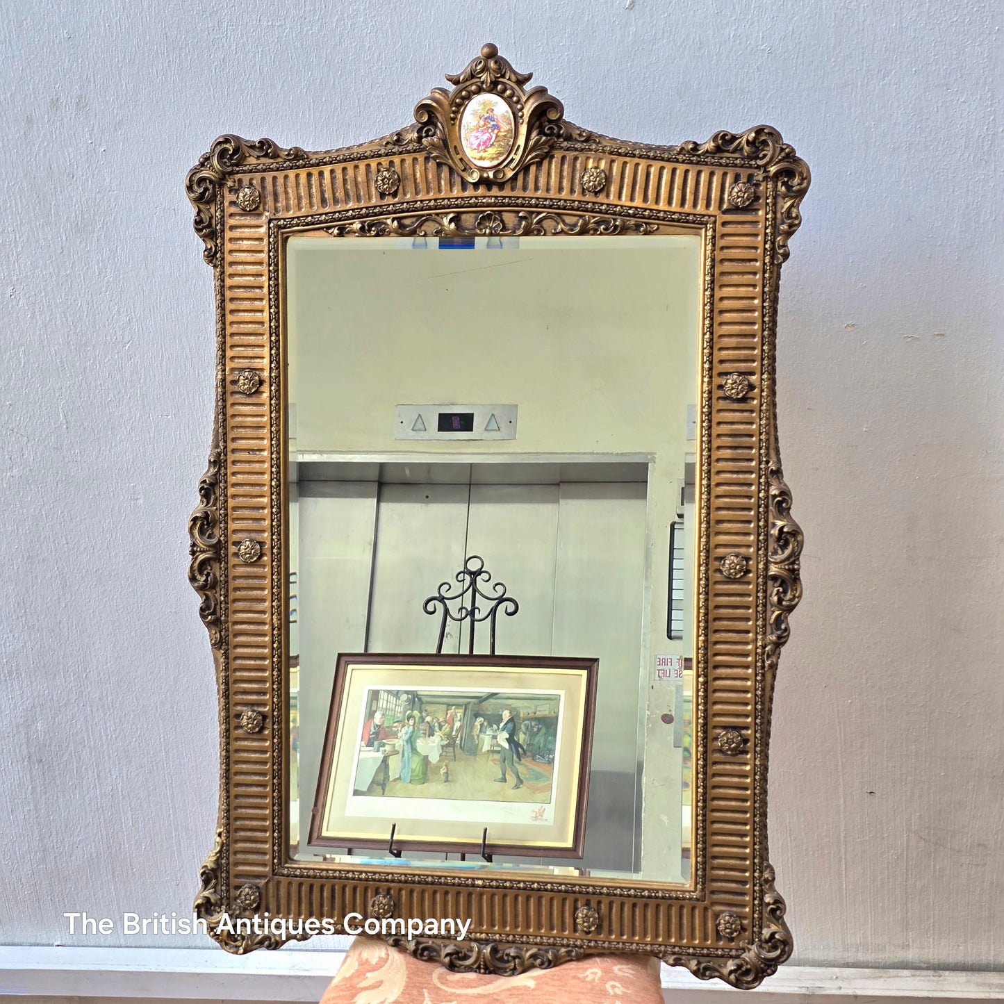 Vintage Ornate Gilt Mirror with Porcelain Medallion – Rectangular Wall Mirror
