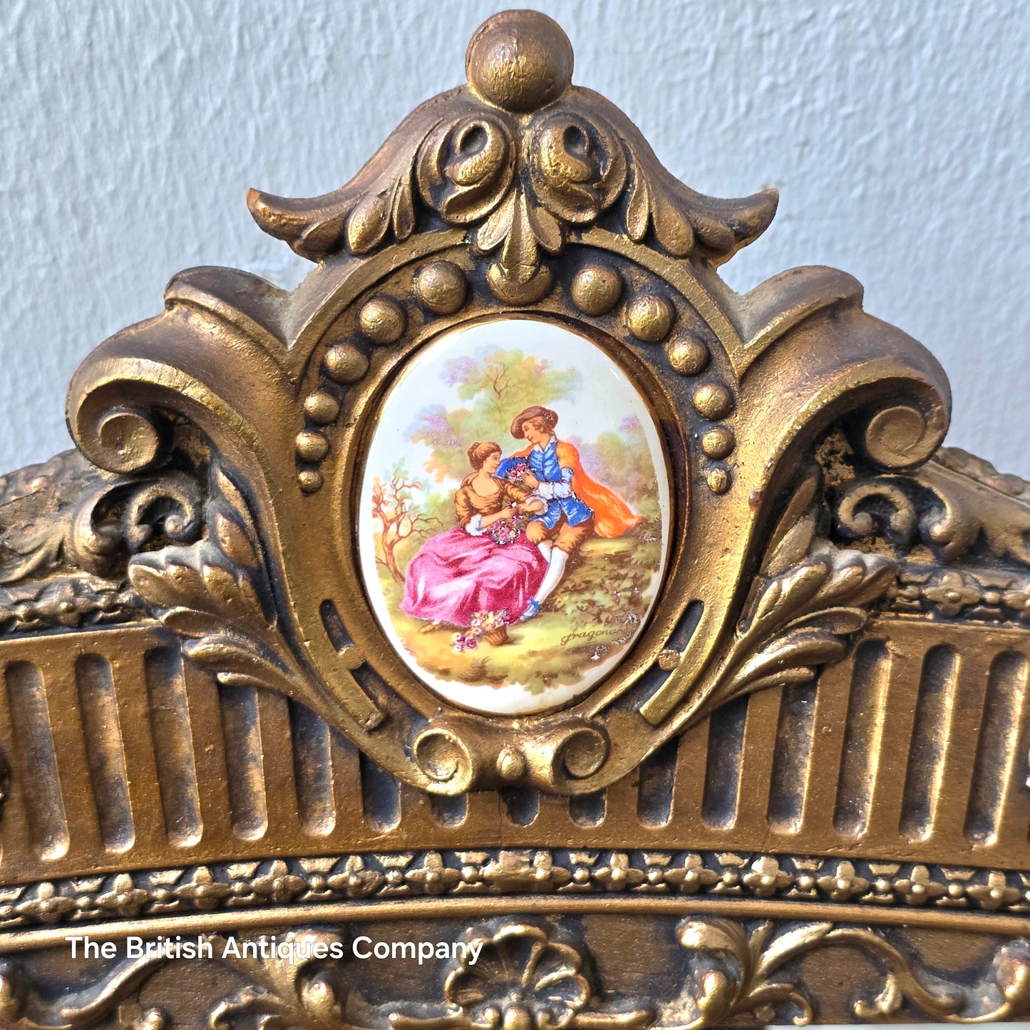 Vintage Ornate Gilt Mirror with Porcelain Medallion – Rectangular Wall Mirror