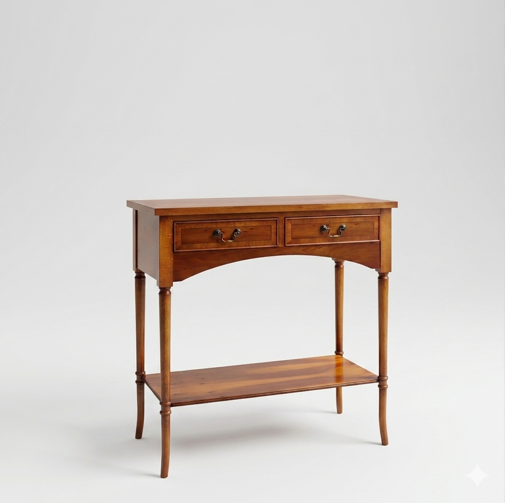 Wooden console table with two drawers and an open shelf on a white background