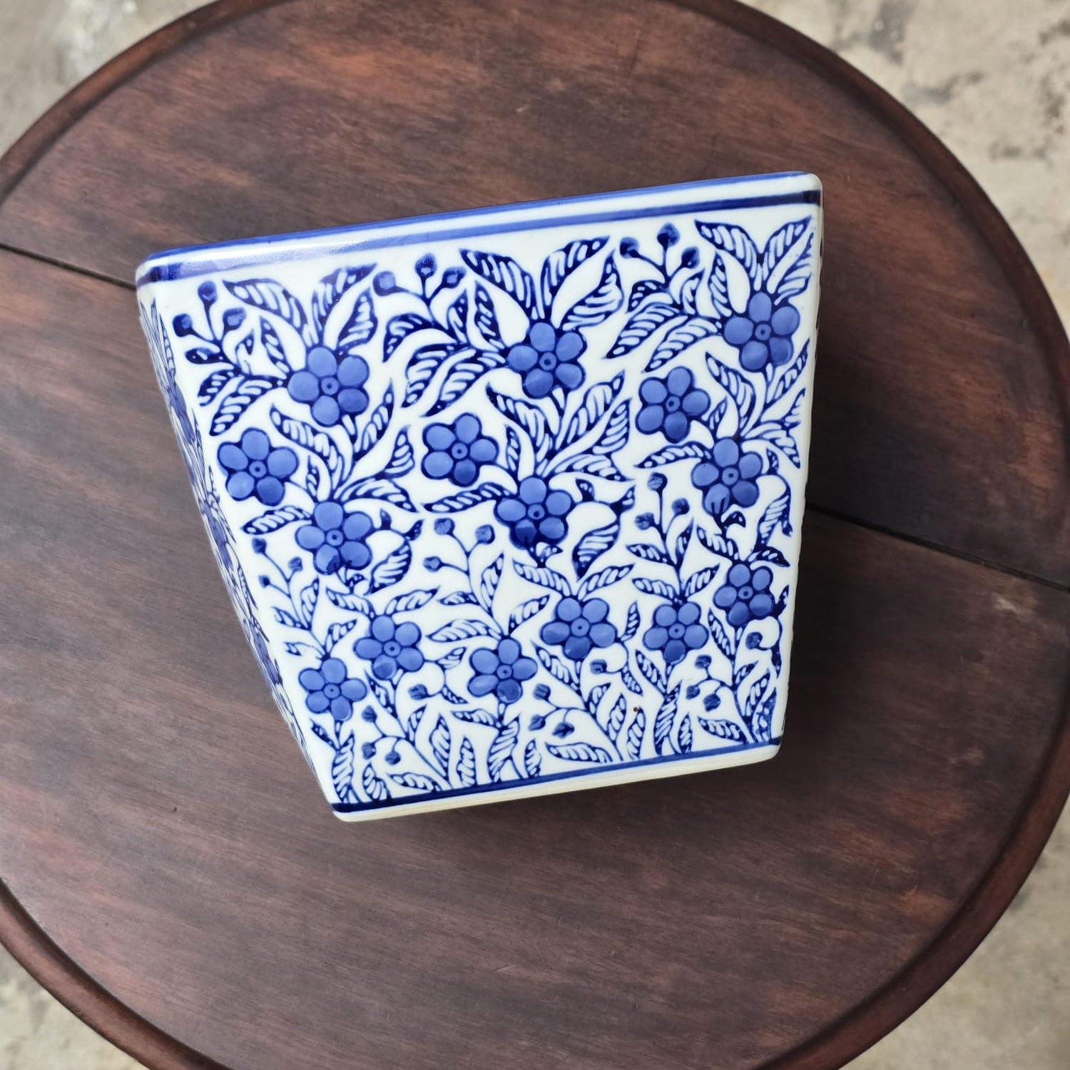 Vintage Blue & White Chintz Tapered Square Ceramic Planter (22cm x 17cm)