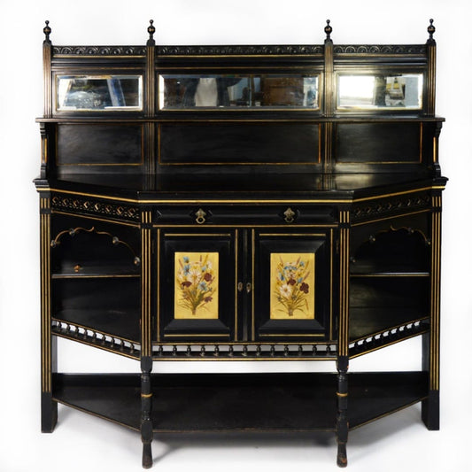 LATE VICTORIAN AESTHETICS MOVEMENT EBONISED AND PARCEL GILT MIRROR BACK SIDEBOARD