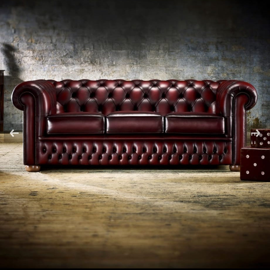 [Custom Order] 4-Seater "Chesterfield" - 2 Seat Cushion - Antique Olive - Ebonised Bun Feet - Renaissance Studs