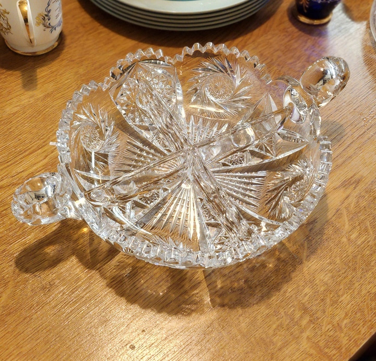Waterford FINE CUT GLASS BOWLS Double-handled with four-part interior. minor chip on 1 small corner  L 33cm x D 24cm x h 6 cm