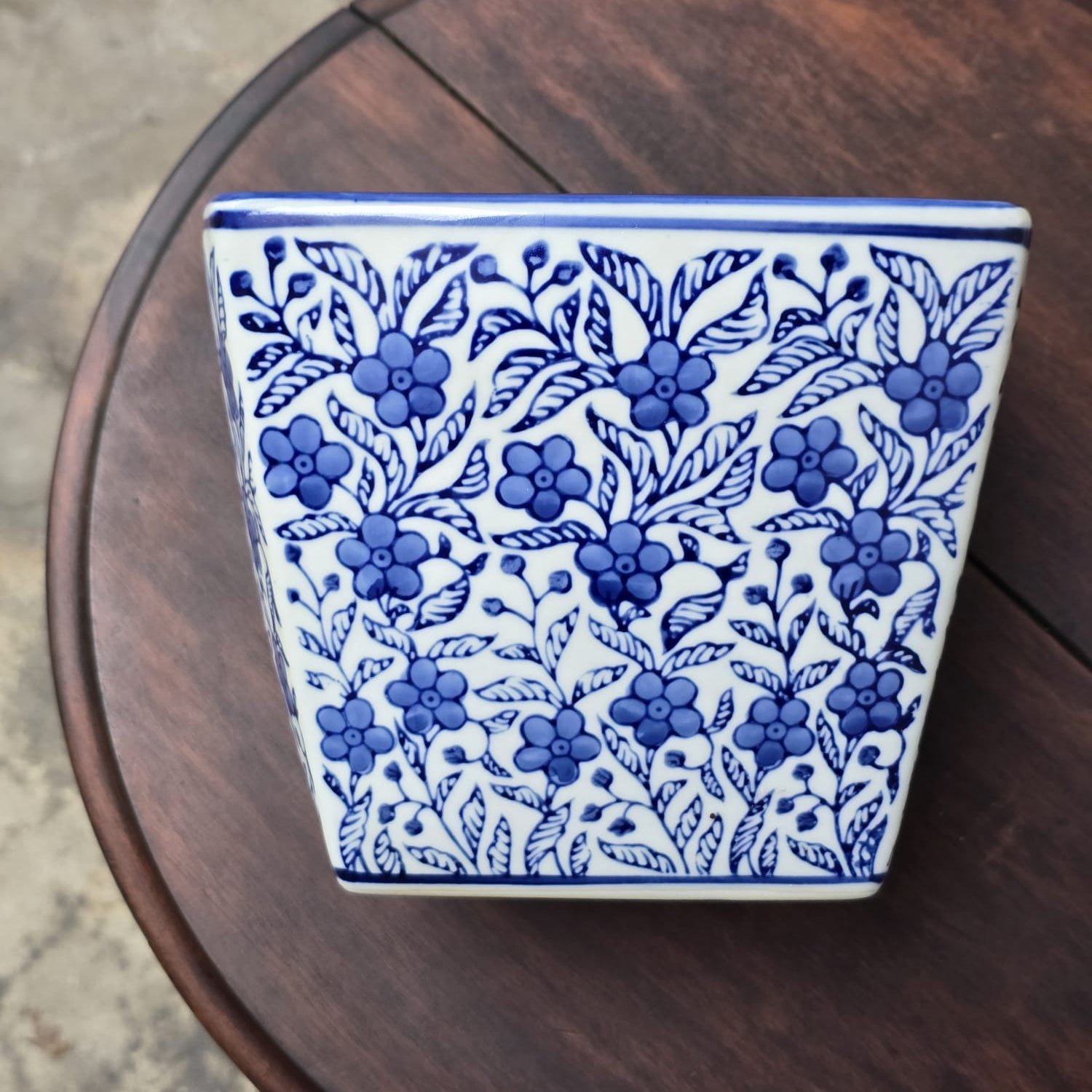 Vintage Blue & White Chintz Tapered Square Ceramic Planter (22cm x 17cm)