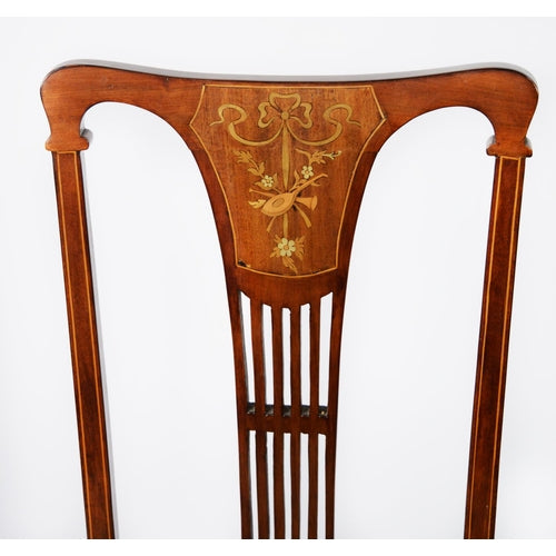 EDWARDIAN MARQUETRY INLAID MAHOGANY SINGLE CHAIRS, with pierced splat back