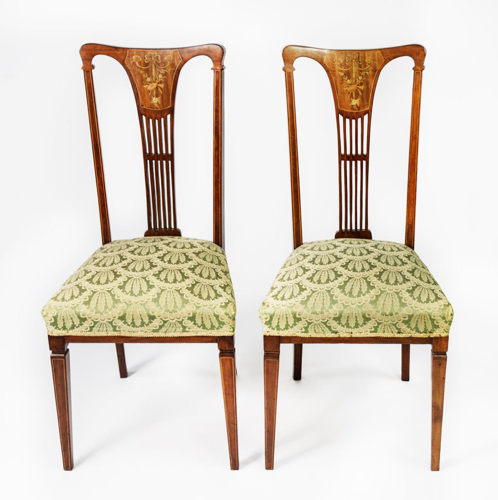EDWARDIAN MARQUETRY INLAID MAHOGANY SINGLE CHAIRS, with pierced splat back