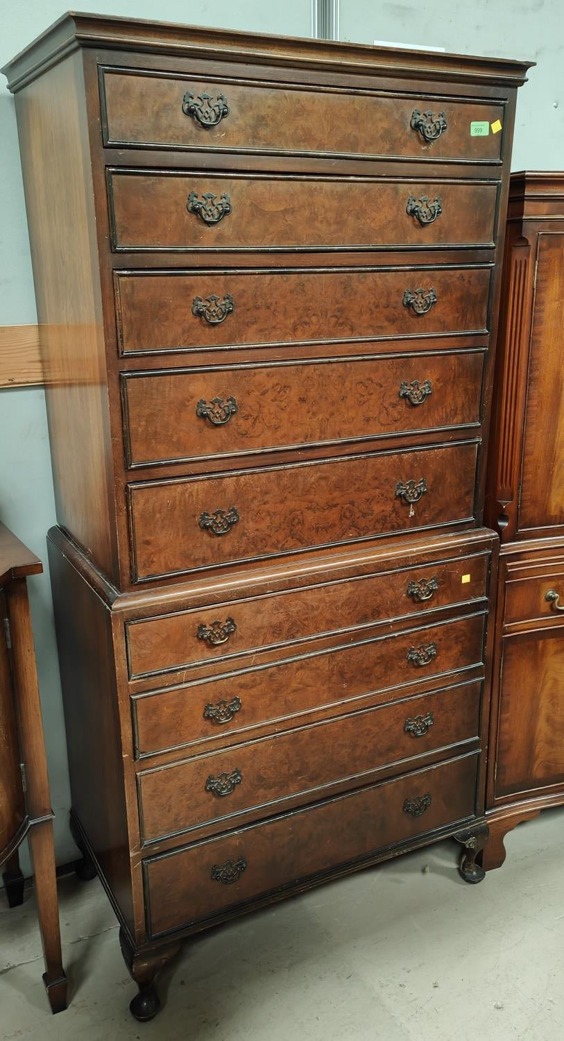 A Queen Anne style burr walnut chest on chest