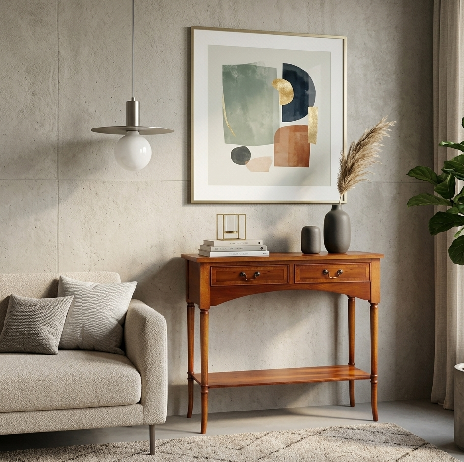 Living room with a wooden console table, abstract art, and a plant.
