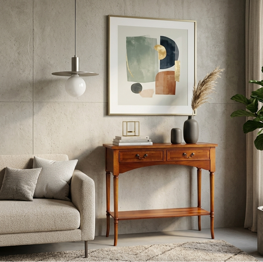 Living room with a wooden console table, abstract art, and a plant.