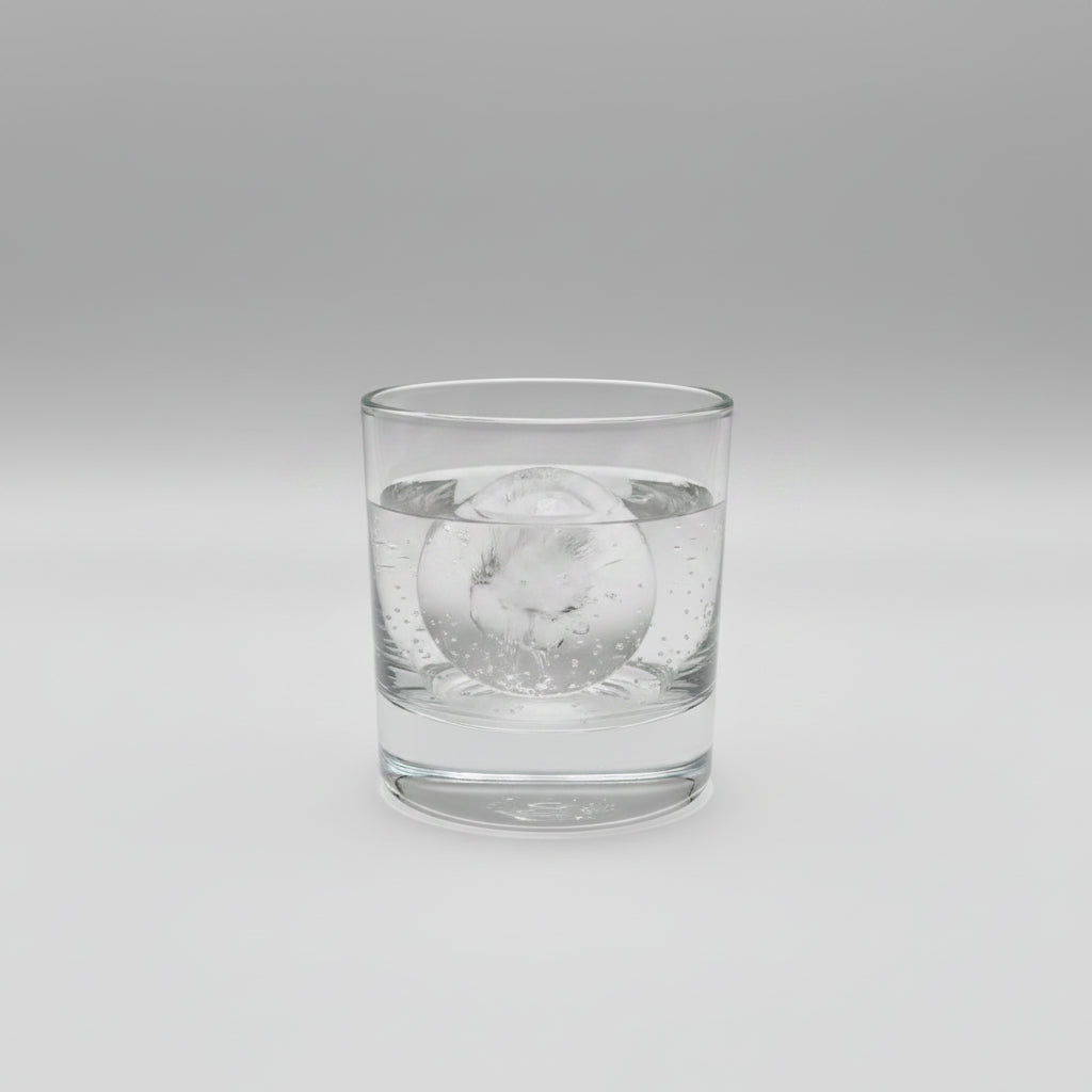 A clear glass rocks tumbler with a thick base and faceted bottom detail, sitting on a dark wooden table.