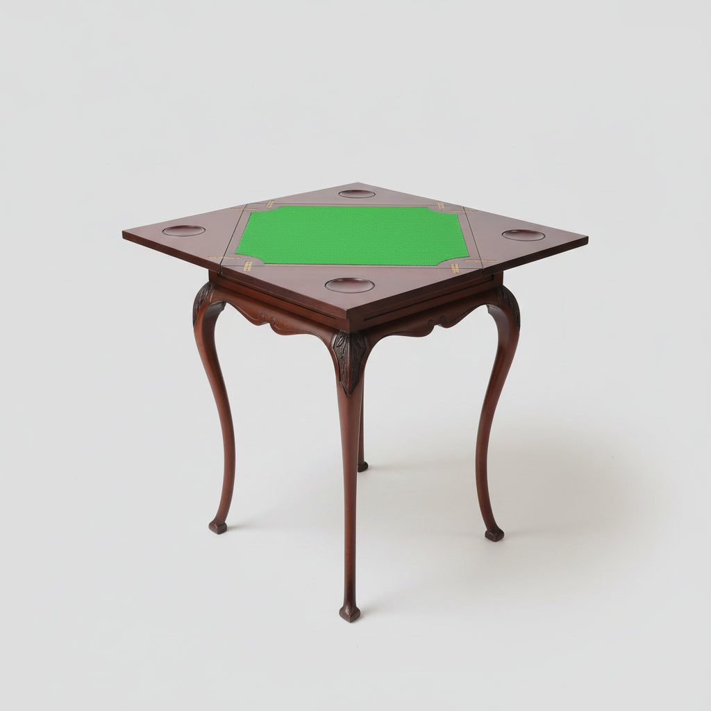 Wooden table with a green playing surface, surrounded by decorative items on a patterned rug.