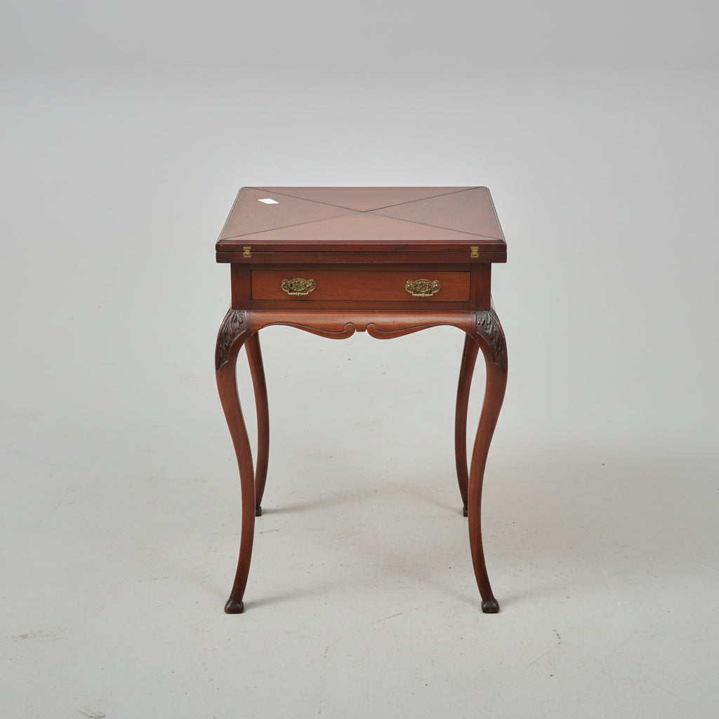 Wooden side table on a red patterned rug with decorative elements.