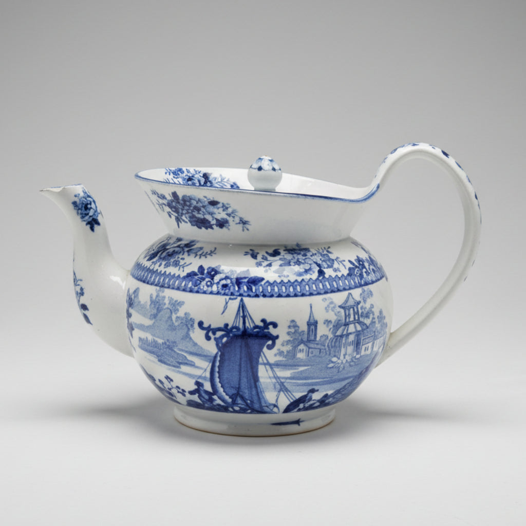 Antique 1850s Victorian Museum Quality Blue & White Earthenware Boat Shaped Teapot - Made in England