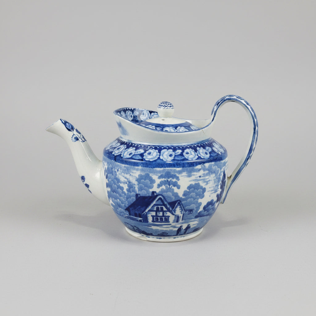 Antique 1860s Victorian Museum Quality Blue & White Earthenware Boat Shaped Teapot - Made in England