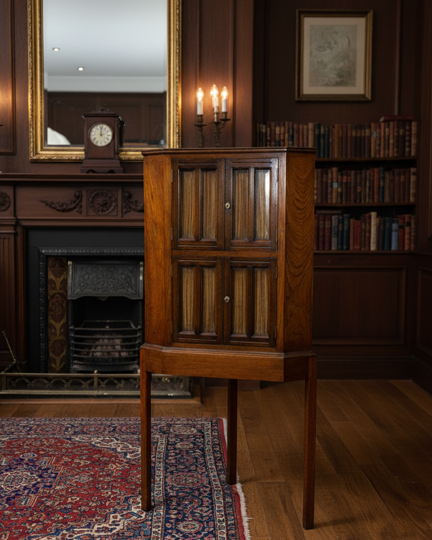 Wooden cabinet in a room with a fireplace, mirror, and bookshelf.