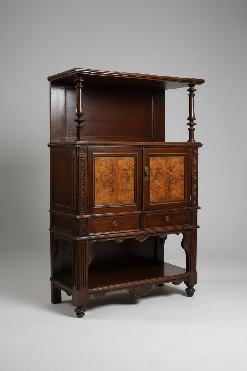 Vintage wooden cabinet with intricate carvings on a dark background