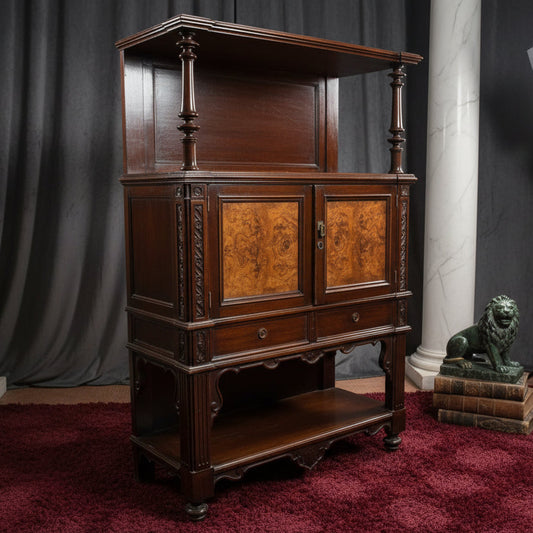 Vintage wooden cabinet with intricate carvings on a dark background