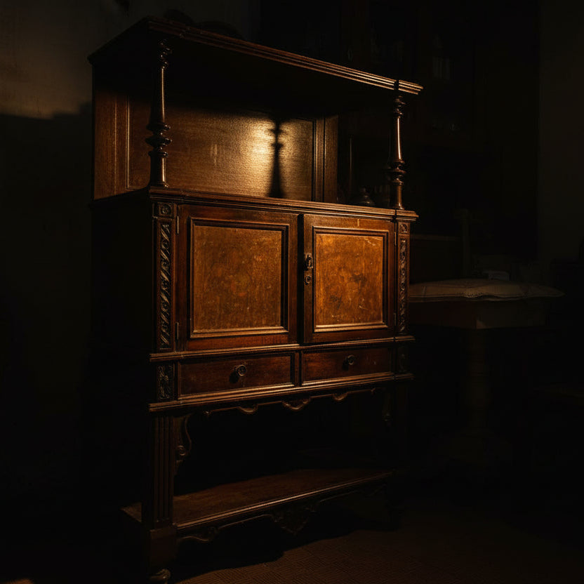 Dark wooden cabinet in a dimly lit room