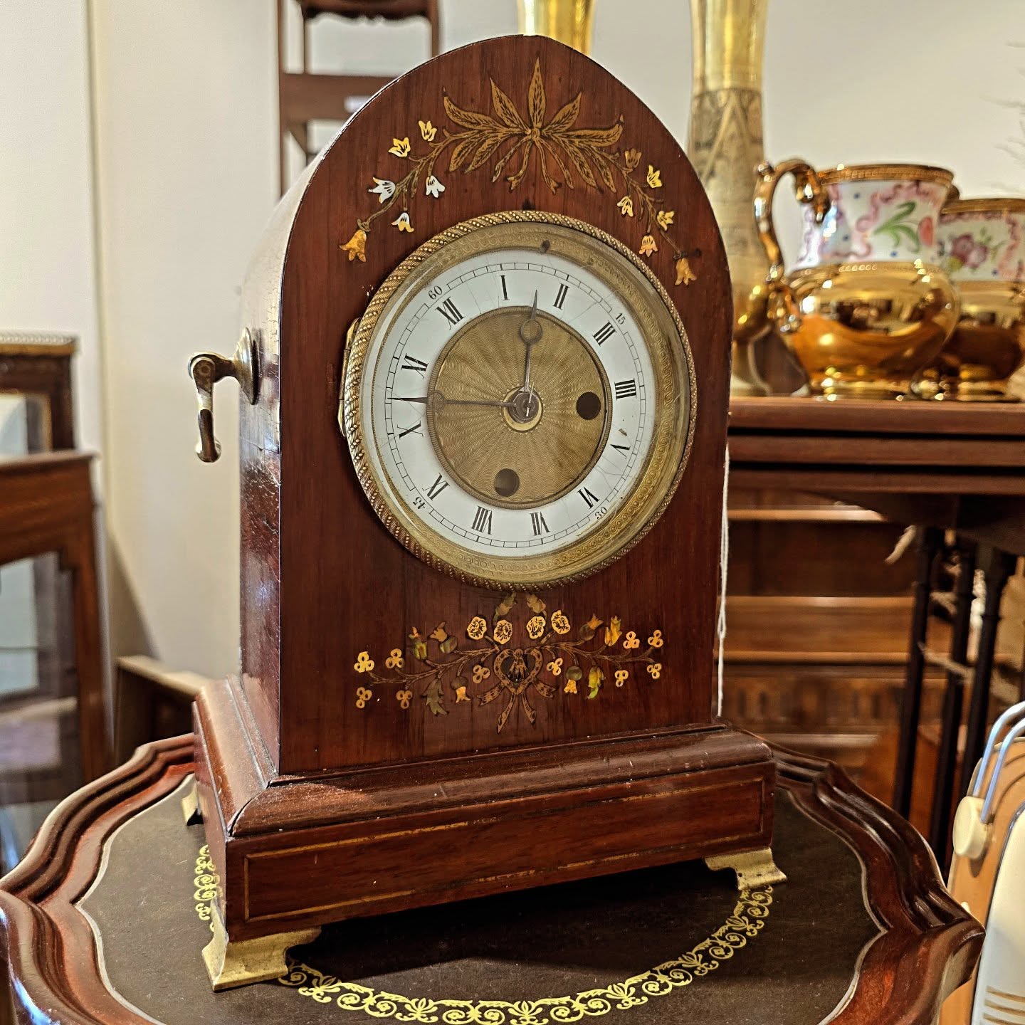 LATE VICTORIAN BRASS AND MOTHER OF PEARL INLAID LANCET TOP MANTLE CLOCK