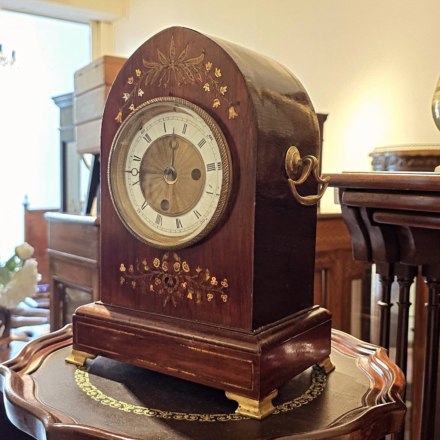 LATE VICTORIAN BRASS AND MOTHER OF PEARL INLAID LANCET TOP MANTLE CLOCK