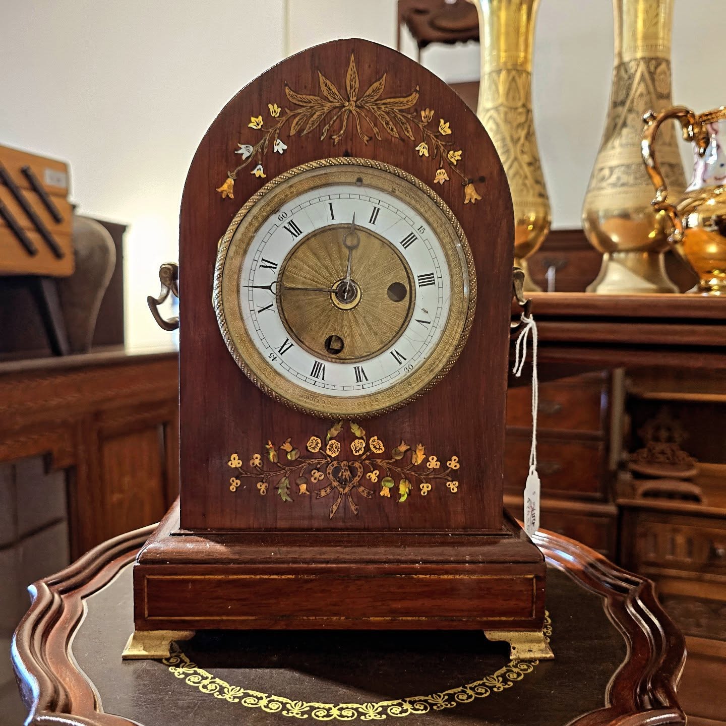 LATE VICTORIAN BRASS AND MOTHER OF PEARL INLAID LANCET TOP MANTLE CLOCK